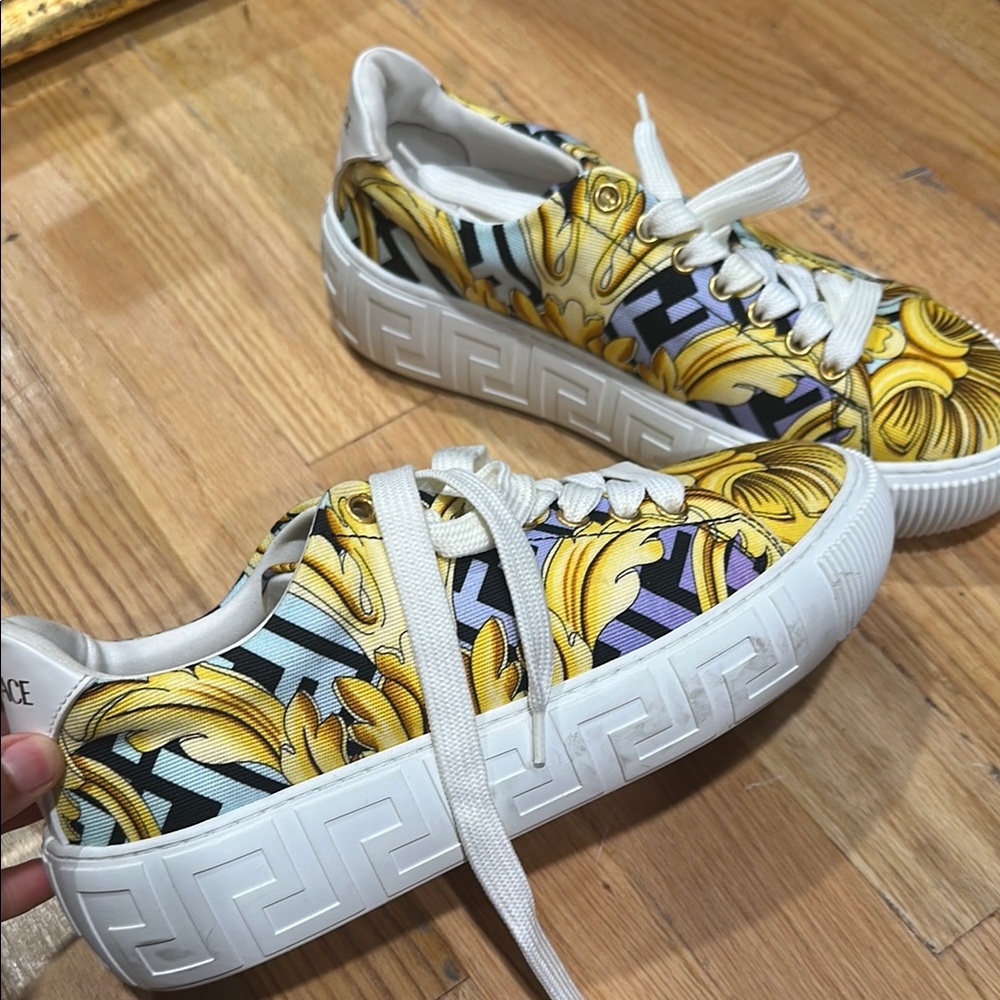 Versace Yellow and White Sneakers with Bold Design